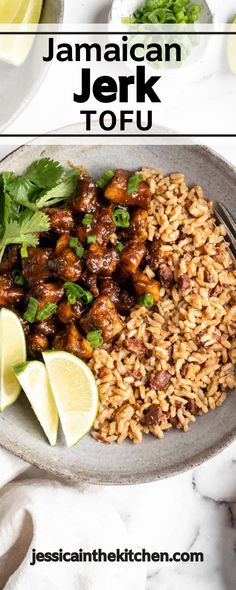 a plate with rice, meat and cilantro garnished with limes