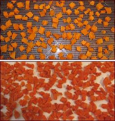 two pictures side by side one shows peeled carrots and the other shows chopped carrots