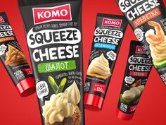 three different types of cheese on display in front of a red background with the words komo