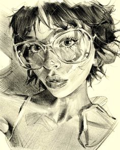 a pencil drawing of a woman with glasses