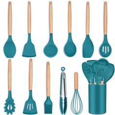 a set of kitchen utensils and spatulas in various shapes and sizes