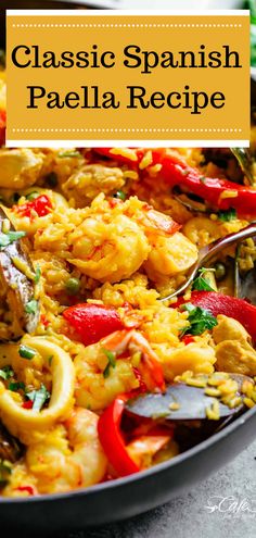 a pan filled with spanish paella rice and red bell peppers, garnished with parsley