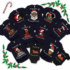 "BLACK SANTA PAJAMAS (TOPS ONLY  I am happy to present these fun black santa pajamas to you. The shirts are based on The Temptations version of Silent Night. If you know you know...It is the best Christmas song in my humble opinion. I hope you like them as much as I enjoyed making them.  Please share photos of you wearing them in the review section! I would love to see them.  Fun black santa pajamas are perfect for your Santa group shirts, Matching xmas tees. There are 9 unique designs to suit everyone in the family.  These Santa family shirts are the perfect Christmas matching shirts gift for your family! Classic unisex jersey matching xmas tees short sleeve fits like a well-loved favorite. Soft cotton family pjs and quality print make users fall in love with it over and over again. Wear Black Winter Holiday T-shirt, Black Christmas T-shirt As Gift, Black Crew Neck T-shirt For Holidays, Funny Black Winter Tops, Black Short Sleeve Christmas T-shirt, Black Christmas T-shirt With Short Sleeves, Black Top As Christmas Gift, Funny Black Top For Winter, Funny Winter Tops In Black