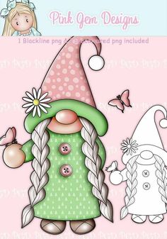 a pink and green gnome with long braids