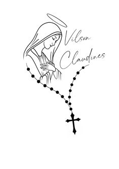 a black and white drawing of a woman holding a rosary with the words, virgin guadalupes on it