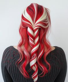 Holiday Hair with Candy Cane Stripes Peppermint Hair Color, Candy Cane Hair Color, Christmas Colored Hair, White And Red Hair Color, Christmas Color Hair, Winter Wonderland Hairstyles, Body Checklist, Grinch Hair, Fun Hair Color Ideas