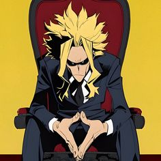 an anime character sitting in a chair with his hands clasped