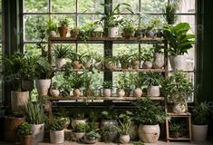 many potted plants on shelves in front of a window