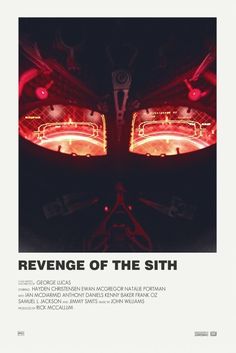 an advertisement for the movie, revenge of the sith with two red lights in front of them