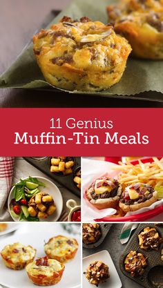 the cover of 11 genius muffin - tin meals is shown in four different pictures