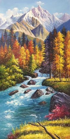 a painting of a mountain stream in autumn