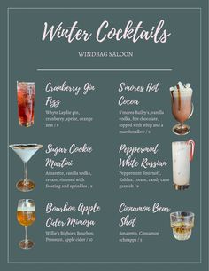 the winter cocktails menu with different drinks