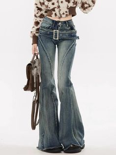 Women's Harajuku Wide Leg Belted Design Flared Jeans Female Vintage Slim Y2K Pants 2024 Spring Slim Flare Jeans, Jeans Female, American Street, Y2k Pants, Y2k Outfits, Bell Bottom Pants, Straight Trousers, Denim Flares, Bell Bottom