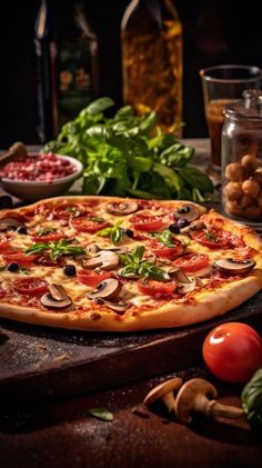 a pizza sitting on top of a wooden cutting board next to vegetables and olives