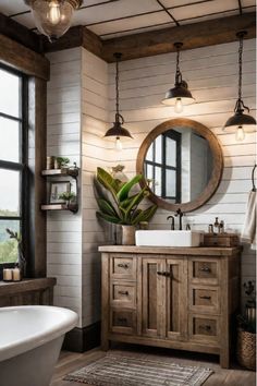 a bathroom with a sink, mirror and bathtub next to a window in the room