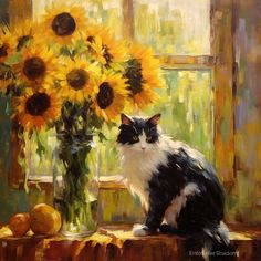 a painting of a cat sitting next to a vase with sunflowers