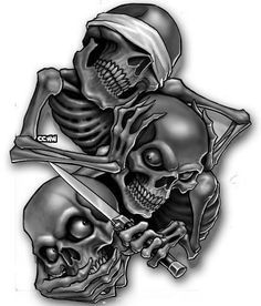 two skulls with swords in their hands, one holding the other's head and another holding