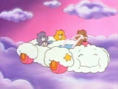 there are teddy bears riding on top of a sheep in the sky with clouds behind them