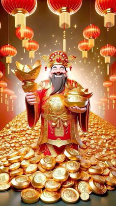 a chinese god surrounded by gold coins and lanterns