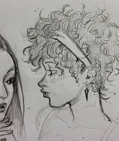 two drawings of women with curly hair and one has a headband on her head