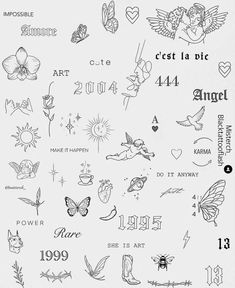 the back side of a sheet of paper with tattoos on it and numbers in different languages