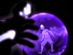 an animated image of a man standing in front of a purple ball with two glowing eyes