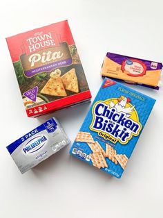 three different types of snacks on a white surface