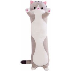 a gray and white cat stuffed animal with its paws in the air, sitting on it's back legs