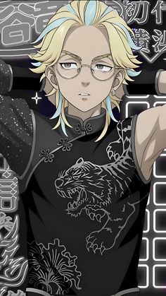 an anime character with blonde hair, glasses and a black shirt is pointing at the camera