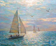 an oil painting of sailboats in the ocean with birds flying over them and one boat on the water