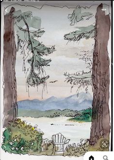 a watercolor painting of a lake and trees