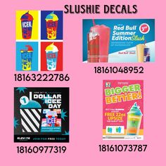 various advertising items are displayed on a pink background with the words slushie decals