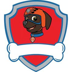 a dog wearing a helmet and goggles with a bone in its mouth on a red shield