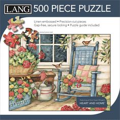 a puzzle with flowers and a rocking chair in front of a window that reads lang 500 piece puzzle