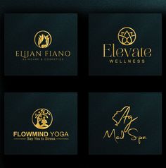 four different logos for yoga and health services, including the logo for elevate