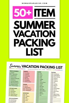 the summer vacation packing list is shown in black and white, with text that reads 50 +