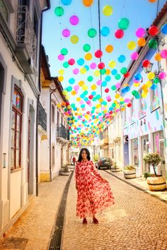 Balloon street colorful street in Portugal Day Trips From Porto, Urban Art Installation, Portugal Photography, Places In Portugal, Travel Umbrella, Visit Portugal