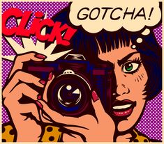 a woman taking a photo with her camera and thought bubble above her head, pop art