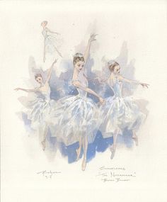 three ballerinas in white tutus are dancing