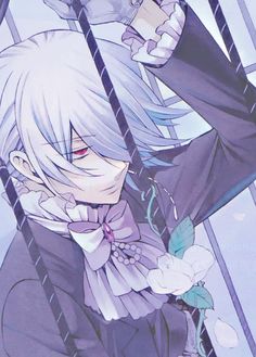 an anime character with long white hair and blue eyes holding onto a metal bar in the rain