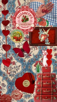 a collage of hearts, flowers, and other items on a wallpapered background