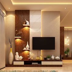 a living room filled with furniture and a flat screen tv on top of a wooden shelf