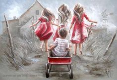 three women in red dresses are pushing a baby carriage