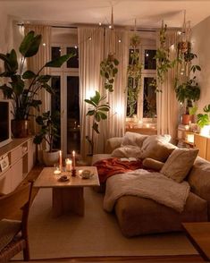 a living room filled with furniture and lots of plants