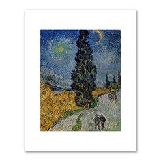 an image of a painting with people walking down the road in front of a tree