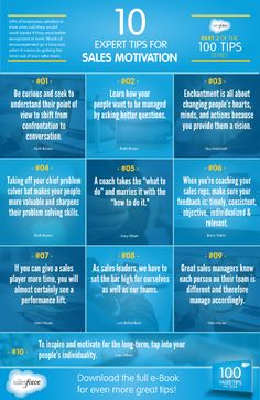 the 10 expert tips for sales motivnations info sheet with blue background and white text