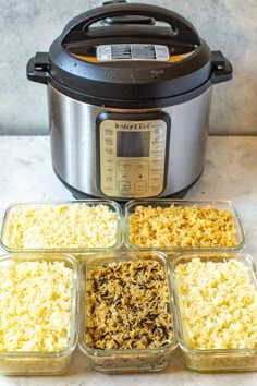 four containers filled with rice next to an instant pot