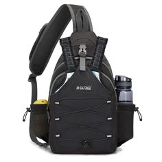 the back pack has two bottles in it and is attached to the shoulder strap with an adjustable