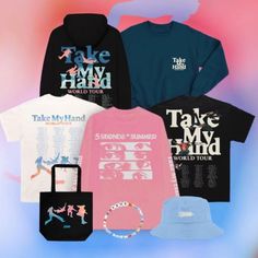 five t - shirts and a bag are shown in front of a colorful background with the words take my mind on it