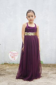 Eggphant flower girl dress with gold sash. Eggplant Flower Girl Dress, Plum Flower Girl Dresses, Gold Flower Girl Dress, Gold Flower Girl, Gold Sash